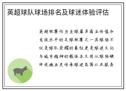 英超球队球场排名及球迷体验评估